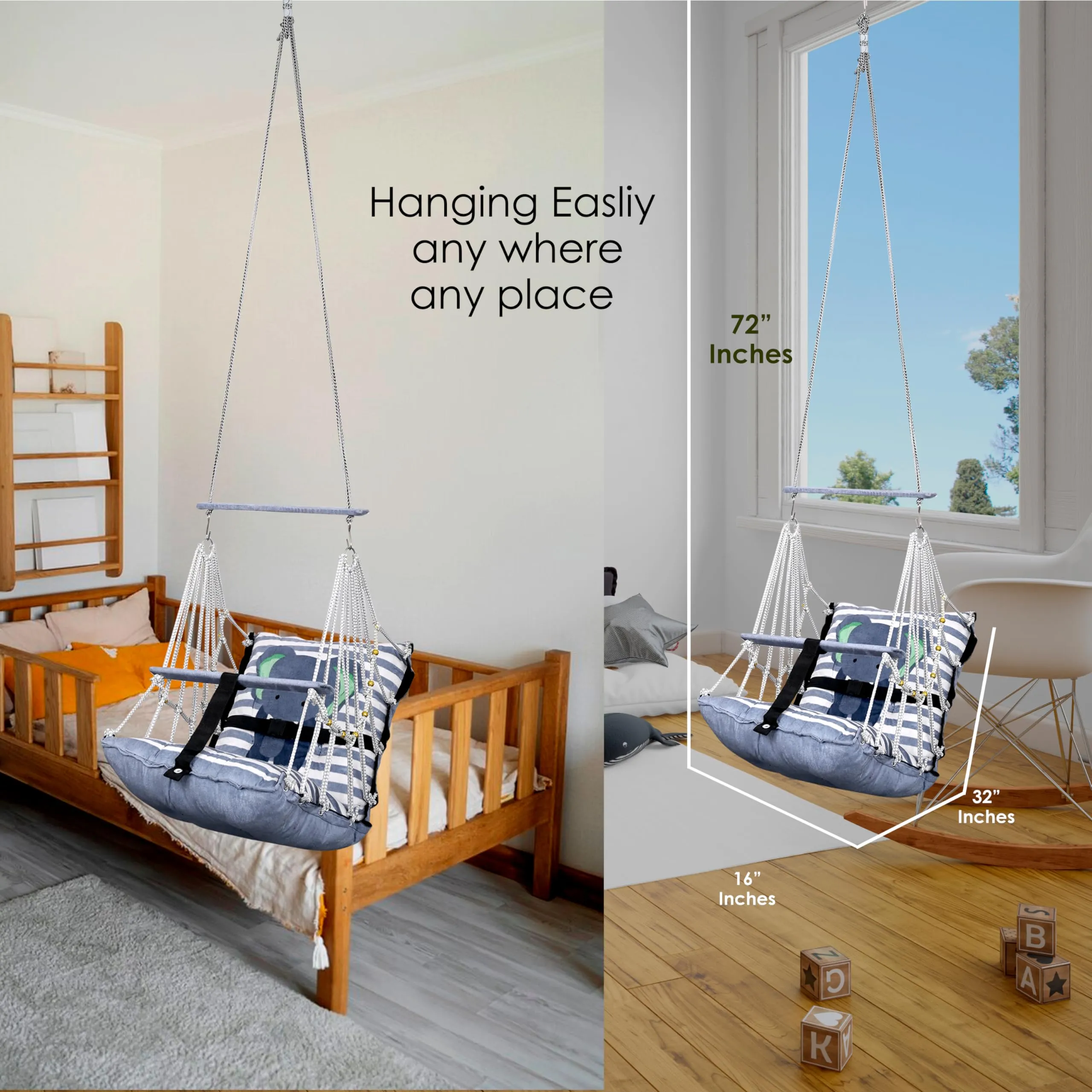 BOFFLE Cotton Baby Swing for Kids jhula 1-5 Years Swings Cradle Chair uyyala New Born Baby Gifts Foldable and Washable with Safety Belt, Home & Garden (Elephant)