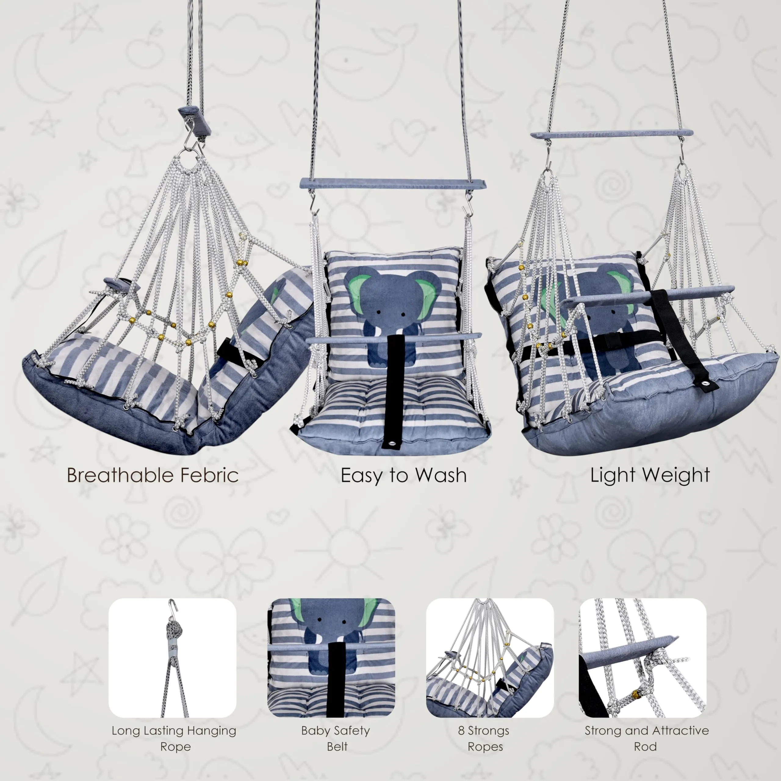 BOFFLE Cotton Baby Swing for Kids jhula 1-5 Years Swings Cradle Chair uyyala New Born Baby Gifts Foldable and Washable with Safety Belt, Home & Garden (Elephant)