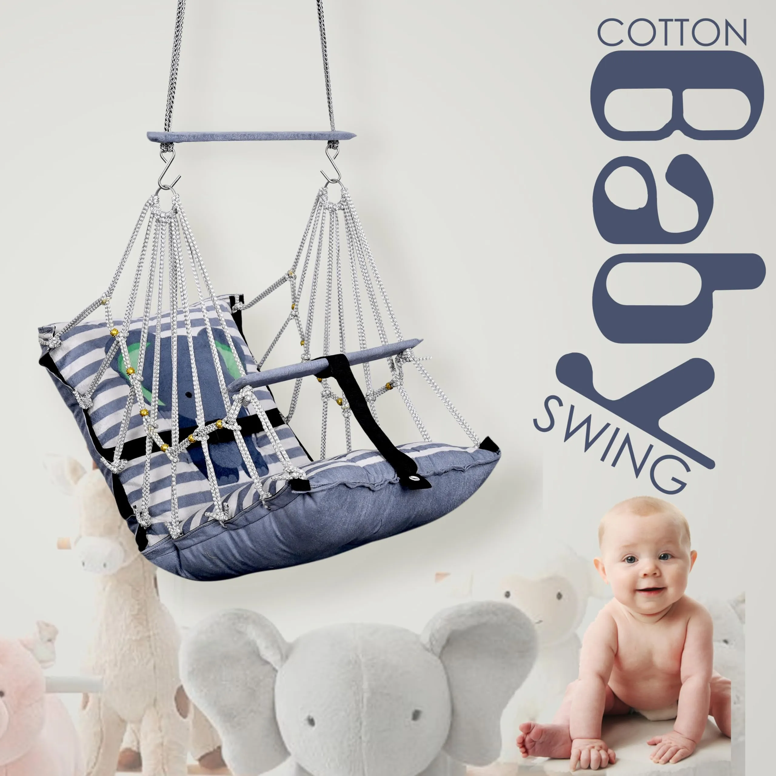 BOFFLE Cotton Baby Swing for Kids jhula 1-5 Years Swings Cradle Chair uyyala New Born Baby Gifts Foldable and Washable with Safety Belt, Home & Garden (Elephant)