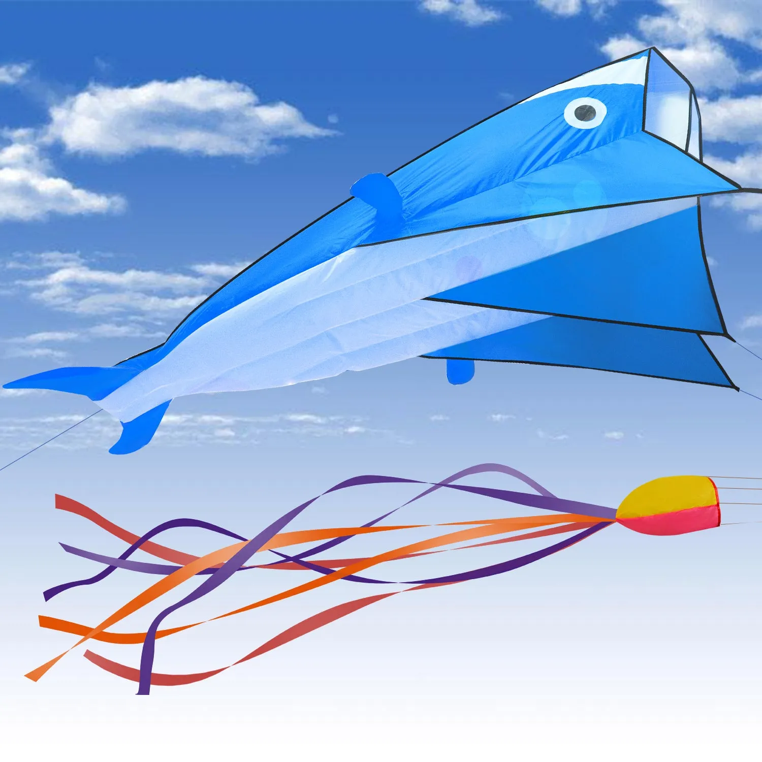 Image 3D Kite Large Blue Dolphin Breeze Beach Kites with Huge Frameless Soft Parafoil Giant,Gift for Kids,Family