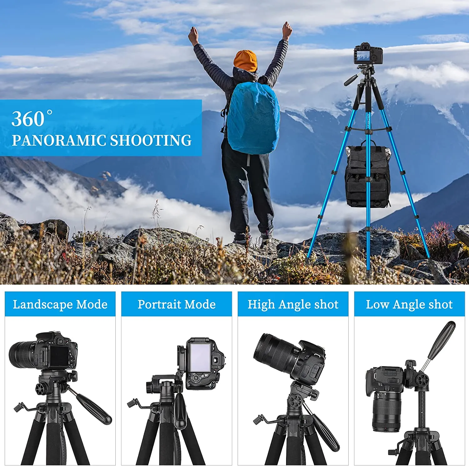 Tripod Camera Tripods, 74" Tripod for Camera Cell Phone Video Photography, Heavy Duty Tall Camera Stand Tripod, Professional Travel DSLR Tripods Compatible with Canon Nikon iPhone, Max Load 15 LB(USA)