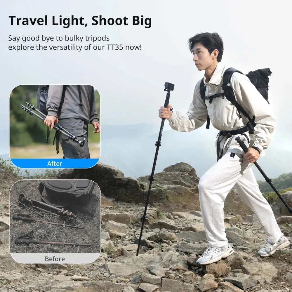 Ulanzi TT35 Carbon Fiber Hiking Stick Tripod Kit with Arca-Swiss and F38 Quick Release Plate Compatible Ball Head for Camera, Detachable 4-Section Monopod Legs, 146cm Maximum Working Height, and 5kg Load Capacity for Photography