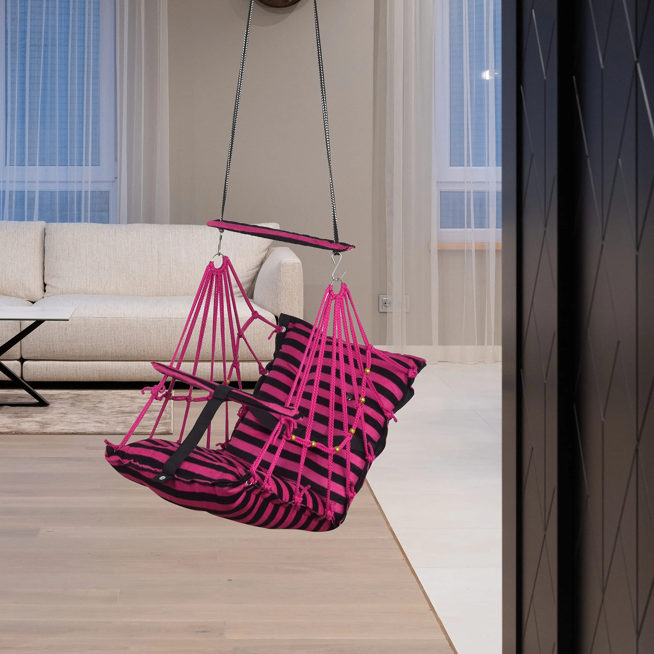 Windson Craft® Cotton Swing Chair for Kids Baby's Children Folding and Washable1-6 Years with Safety Belt/Home,Garden Jhula for Babies|Swing for Kids|Seat and Back Side 16x16 inch (Cherry Patta Swing)
