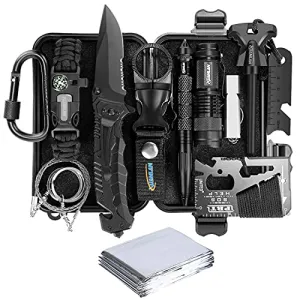 XUANLAN Emergency Survival Kit 13 in 1, Outdoor Survival Gear Tool with Survival Bracelet, Fire Starter, Whistle, Wood Cutter, Water Bottle Clip, Pen (Survival Kit 1)